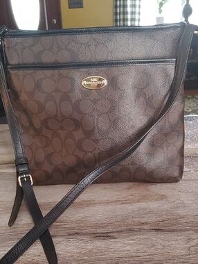 Coach Brown Signature Crossbody with Gold Plaque
